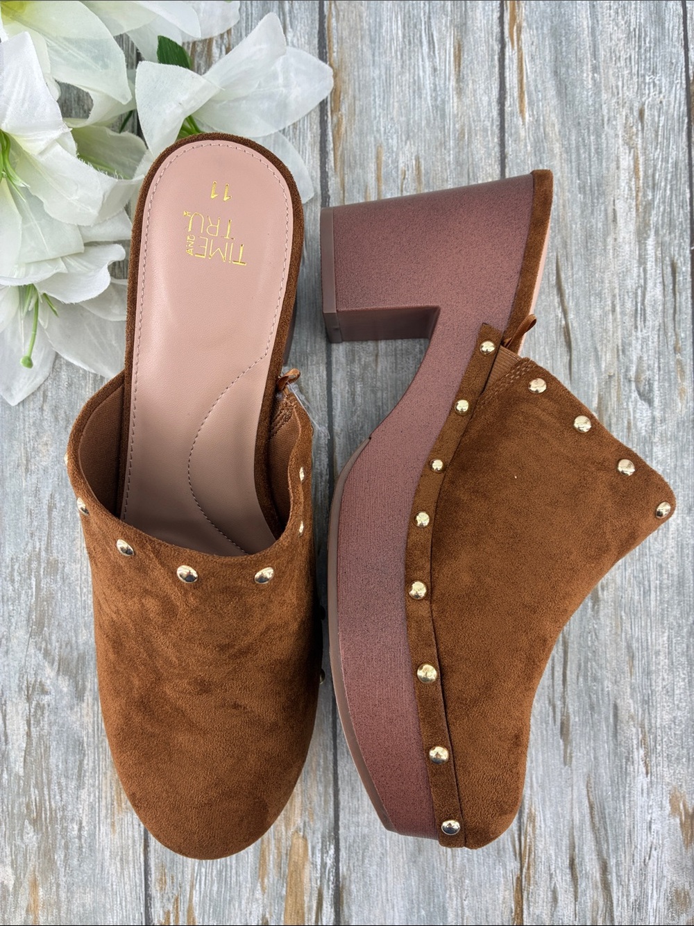 Chestnut Brown Faux Suede Studded Block Heel Mules Shoes Size 11